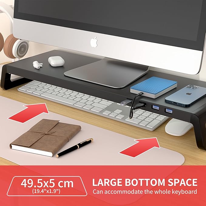 Monitor Stand Riser for Desk 4 USB 3.0 Hub Desk Monitor Riser Laptop Riser Stand20.6*6.8Inch (USB 3.0 Balck)