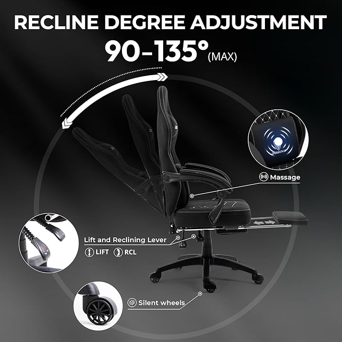 Dowinx Gaming Chair Breathable Fabric Game Chair with Gel Pad and Storage Bag Comfortable Gamer Chair with Pocket Spring Cushion Ergonomic Computer Chair with Footrest Black
