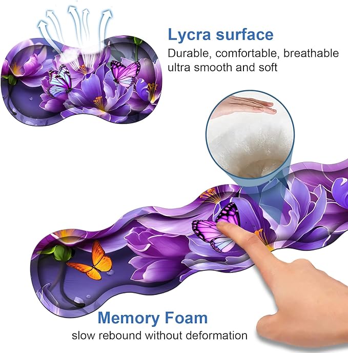 4 in 1 Ergonomic Memory Foam Mouse Pad Wrist Rest Set Large XXL Gaming Desk Pad + Keyboard Wrist Rest + Mouse Wrist Cushion + Coaster for Home Office Study Gaming Purple Flowers and Butterfly