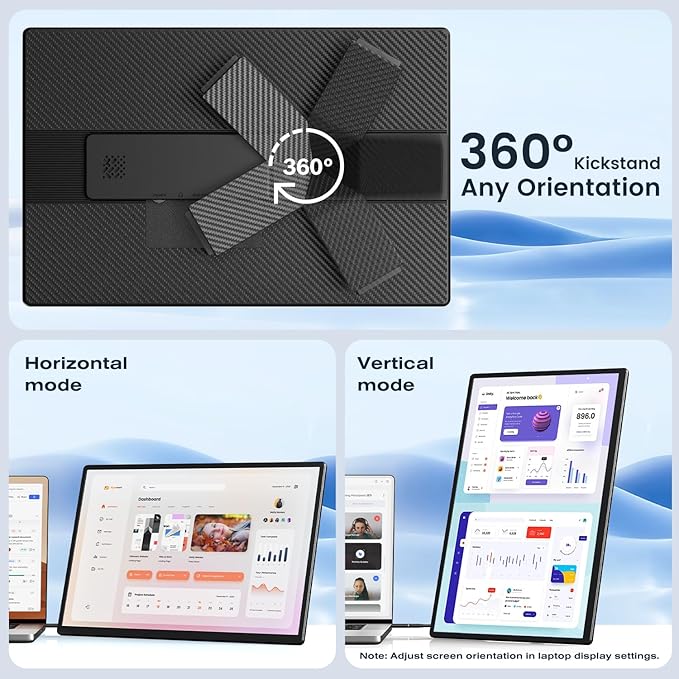 Portable Monitor 16 Inch FHD 1200P Horizontal/Vertical Monitor Plug &amp Play Built-in Speakers &amp Headphone Jack Travel Monitor for Laptop with Premium Smart Cover