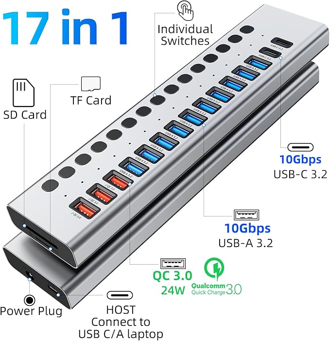 Powered USB Hub 10Gbps 17 Ports 96W USB 3.2 Hub(10 USB-A 3.2 Ports+3 QC 24W Fast Charging Ports+2 USB-C 3.2 Ports+SD/TF Card Reader) 12V/8A Power Adapter for Laptop PC Computer HDDFlash Drive