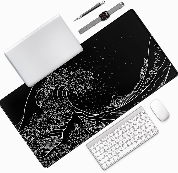 AQQA Extra Large 48 x 24 Japanese Sea Wave Mouse Pad Anime Black Waterproof Desk Pad Non Slip Rubber Base Mousepad with Stitched Edges for Work Game Office Home(Black XXXX-Large)