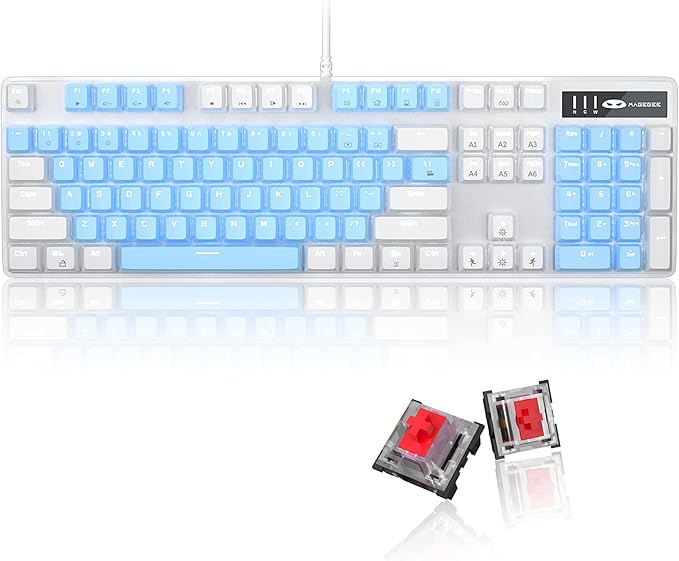 MageGee Mechanical Gaming Keyboard 104 Keys White Backlit Mechanical Keyboards with Red Switches &amp Double-Shot Keycaps Wired Ergonomic Computer Keyboard for Desktop PC Gamers (White &amp Blue)