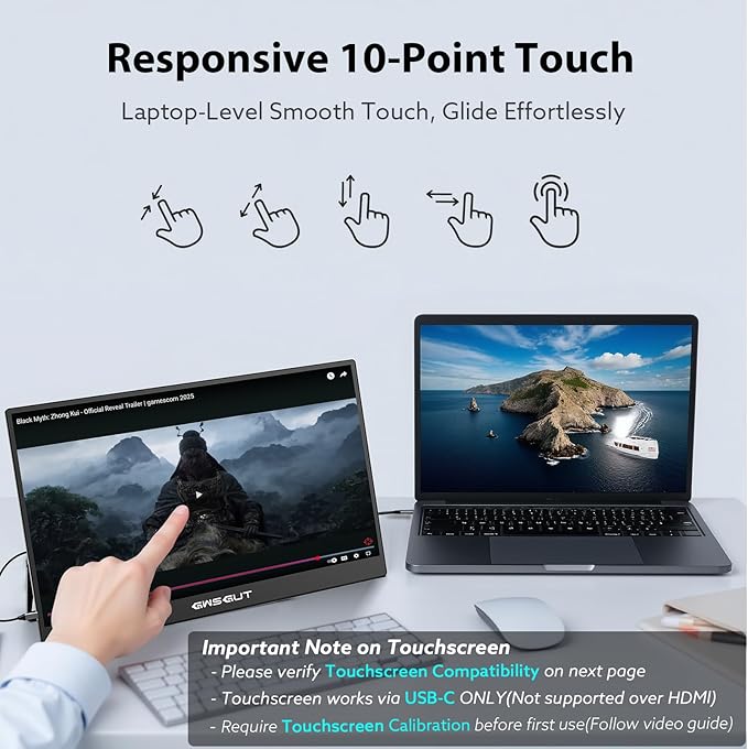 Portable Monitor Touchscreen 15.6'' FHD 1080P USB-C HDMI Ultra-Slim Gaming Display Built-in Stand Speakers HDR IPSfor Laptop PC Mac Phone PS4/5 Travel Monitors (1080p Touchscreen 15.6)
