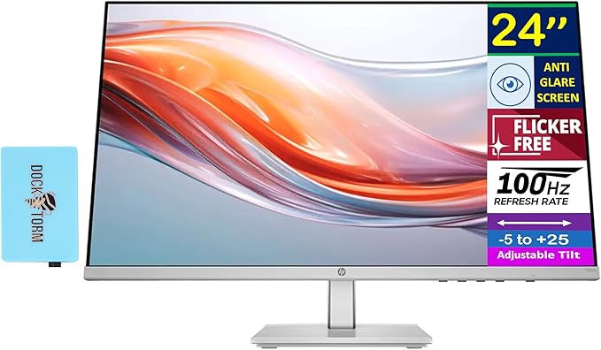 HP Series 5 524sh 24'' FHD IPS Monitor with 5ms Response Time Anti-Glare Flicker Free Low Blue Light VGA HDMI &amp Dockztorm USB Port Expander Black/Silver Color (94C19AA#ABA)