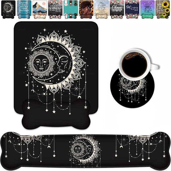 Wrist Rest Support Ergonomic Gel Mouse Pad and Memory Foam Keyboard Set Non-Slip Rubber PU Base for Home Office Working Studying Easy Typing &amp Pain Relief Celestial Theme Sun with Crescent Moon