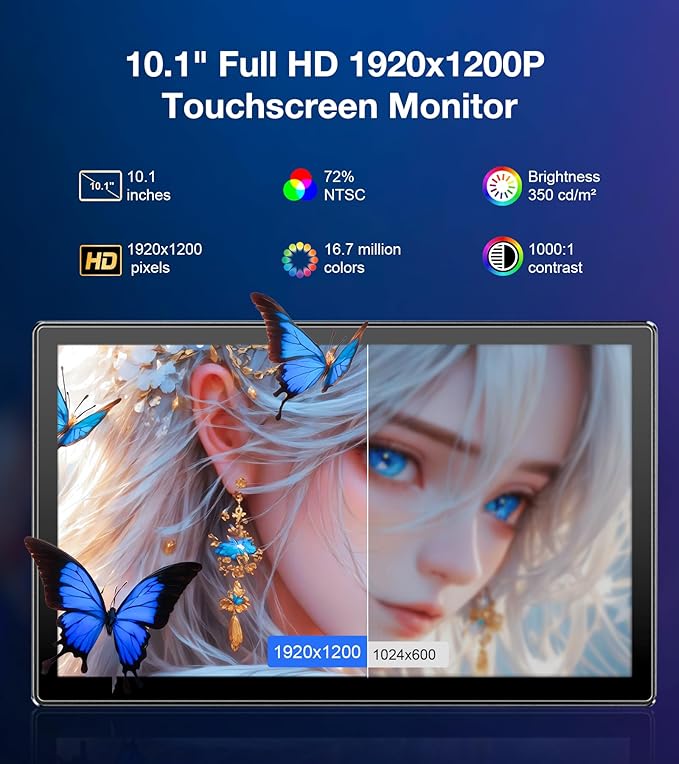 10.1 Inch FHD 1920x1200 Portable Monitor with IPS Screen Full-Featured USB-C Connection Ultra-Thin Design Compatible with Laptop PC Mac Phone PS5 with Premium Smart Case 16:10 Travel