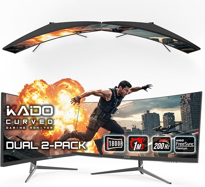 Kado Dual Gaming Monitor Setup - 2-Pack 30 Curved 1800R 200Hz 1ms Ultrawide 21:9 2560x1080 Computer Monitor Stacked Gaming AMD FreeSync Premium VESA Mount HDMI DisplayPort Built-in Speakers