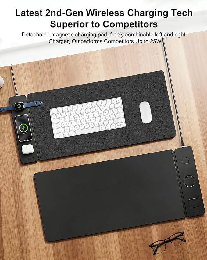 Wireless Charging Mouse Pad with 2nd Gen Tech 3-in-1 25W Fast Charger Replaceable Rubber &amp Microfiber Leather Desk Mat Large Waterproof Desk Pad for Office &amp Gaming(Leather Mat&amp Coaster