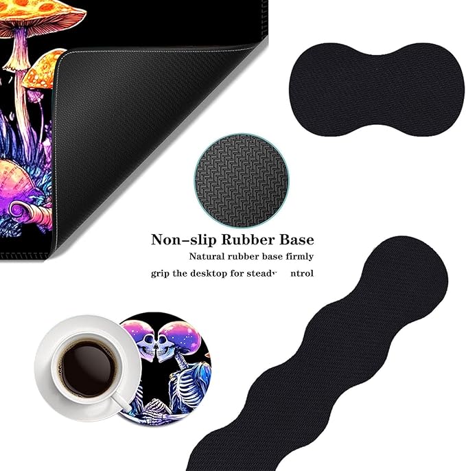 Mouse PadLarge Desk Mat Set 4in1 XL Mousepad + Keyboard Wrist Rest+Mouse Wrist Rest+Coaster with Ergonomic Desk Pad for Home Office Table Computer Cover -Fantasy Skeleton Mushroom