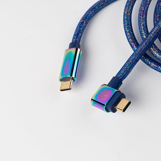 Keychron Premium Coiled USB-C Angled Aviator Cable – Rainbow Plated Blue 5-Pin GX16 Detachable Metal Connector USB-A Adapter Double-Sleeved Design for Mechanical Keyboards Charging and Data Sync
