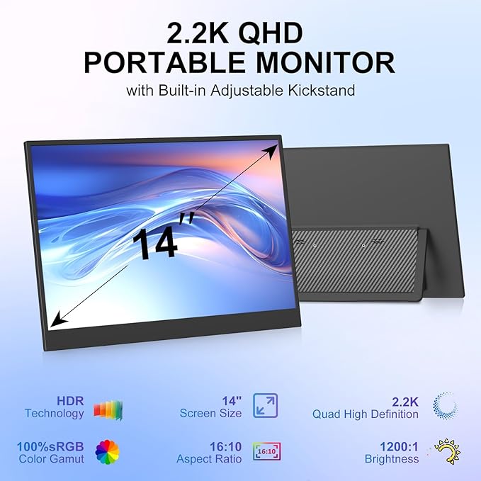 Portable Monitor 14 inch 2.2K QHD USB C HDMI Ultra-Slim IPS Travel Display &amp Speakers HDR Plug&ampPlay External Monitor for Laptop PC PhoneMac