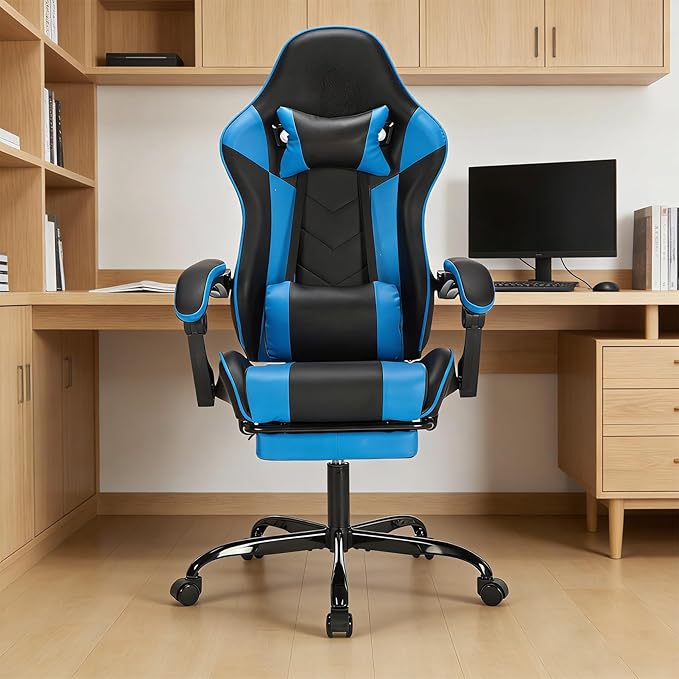 Gaming Chair with Footrest Ergonomic Computer Seating Massage Lumbar Support Height Adjustable PU Leather Reclining Video Game Chairs for Adults Office (Black+Blue)