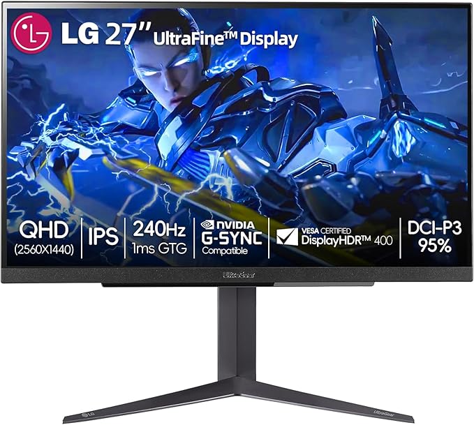 LG 27 Ultragear QHD (2560x1440) IPS Gaming Monitor 240Hz 1ms G-Sync AMD FreeSync Premium 100% sRGB HDR400 1 x DisplayPort 2 x HDMI 4-Pole HP Out DTS GP:X Tilt/Height/Pivot Stand Black