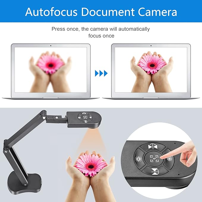 4K USB Document Camera for Teacher 8MP Webcam &amp Visualiser for A3 Size with Dual Microphones 3-Level LED Light Image Invert Foldable for Live Demo Work with Windows macOS and Chrome OS
