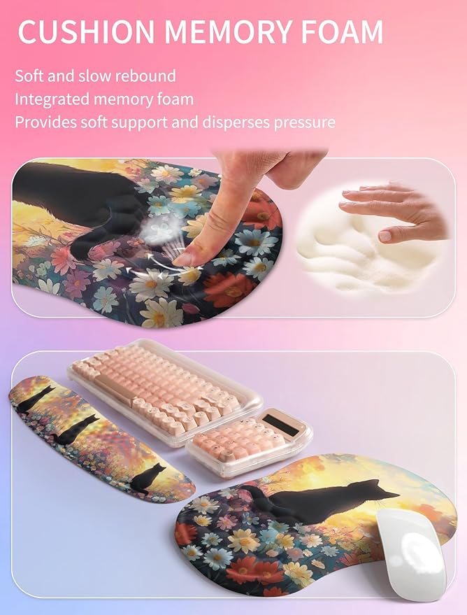 Hokafenle 2in1 Combination Wave Keyboard Wrist Rest and Ergonomic Curvature Mouse Pad Wrist Support for Relieve Wrist Pain Filled with Soft Cushion Memory Foam Wishing Cat