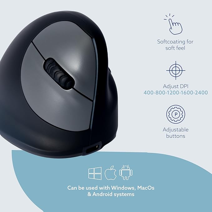 R-Go HE Vertical Ergonomic Mouse Wireless Bluetooth 5.0 for Large Hand with Break Software Prevents Tennis Elbow/Mouse Arm RSI Silent Click 5 Buttons - Compatible Windows/MacOS Black