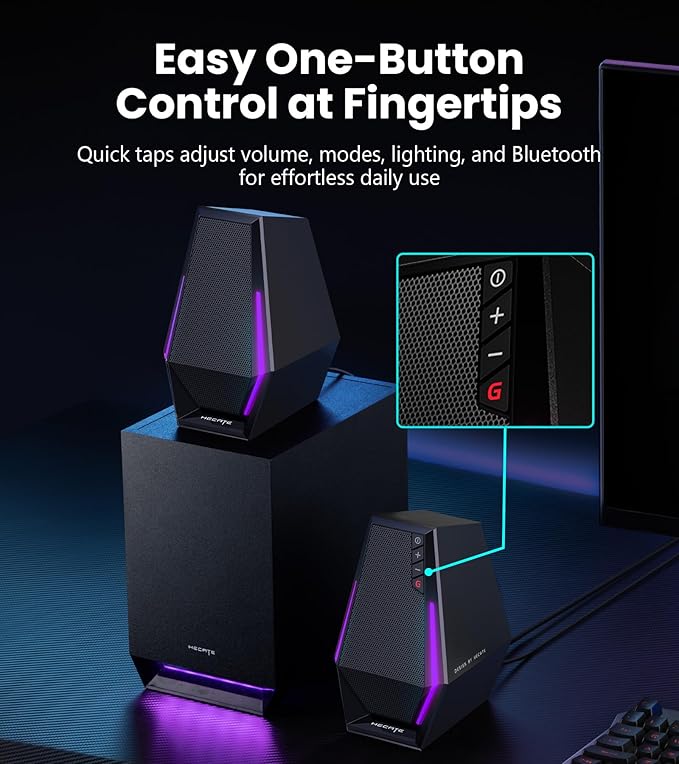 Edifier G1500 MAX 2.1 Gaming Speakers - 60W Peak Power with 4 Subwoofer &amp 2.5 Satellite Speakers Bluetooth 5.3 &amp Multi-Wired Connections 10 RGB Light Effects 3 Sound Modes for PC/PS5/Xbox
