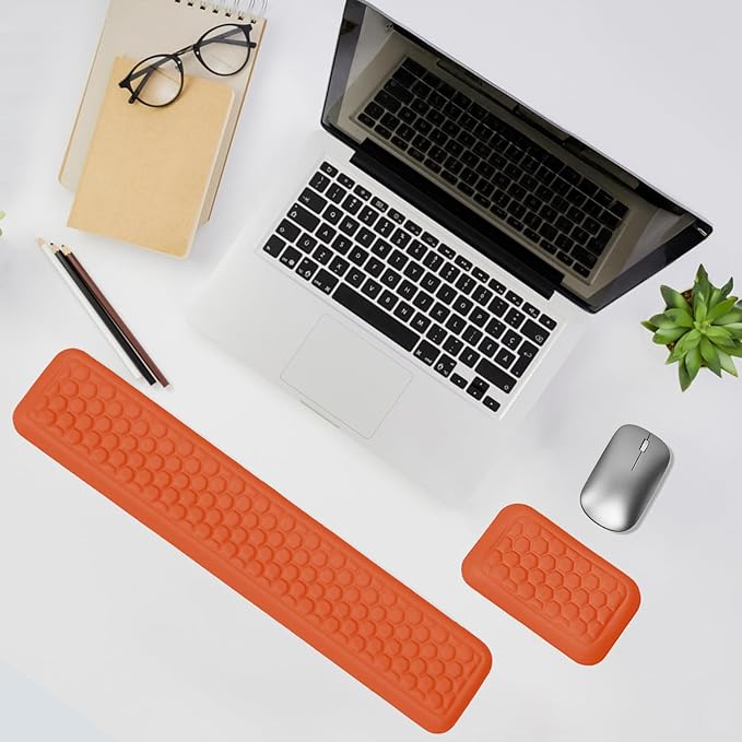 Keyboard Mouse Wrist Rest Pad Comfort Memory Foam Wrist Rest with Non-Slip Silicone Base Leather Surface Ergonomic Keyboard Mouse Wrist Support for Typing Pain Relief (Hermes Orange)