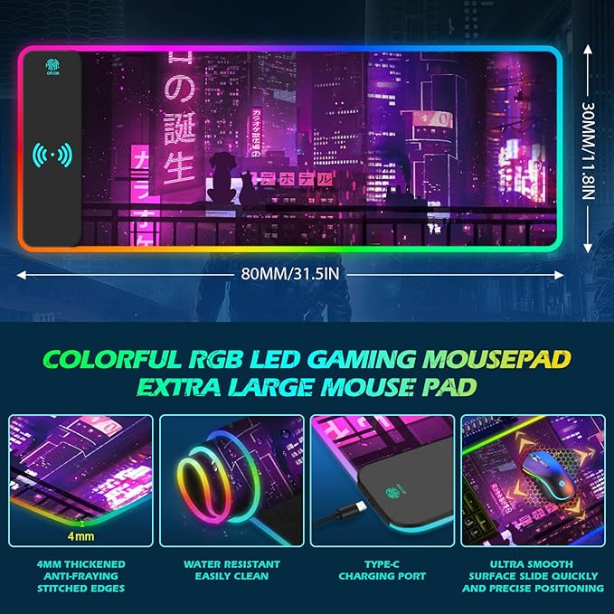 ToLuLu RGB Gaming Wireless Charging Mouse Pad 15W 10 Light Modes LED Mouse Pad Computer Keyboard Mat Mousepad 800x300x4MM Extended Large Desk Mat for Gaming MacBook Laptop PC Neon Purple Sign