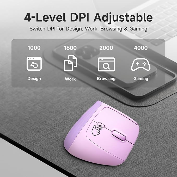SANWA Wireless Ergonomic Mouse for Large Hands Silent Click Vertical Mice with Removable Wrist Rest 1000-4000 DPI 3-Device (2.4G + 2 Bluetooth 5.4) Compatible with Mac Windows Laptop PC Purple