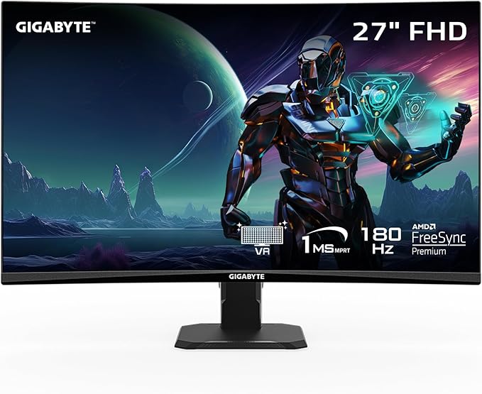 GIGABYTE GS27FC 27 180Hz 1080P Gaming Monitor 1920 x 1080 VA 1500R Display 1ms (MPRT) Response Time HDR Ready FreeSync Premium 1x Display Port 1.4 2X HDMI 2.0 (GS27FC US)