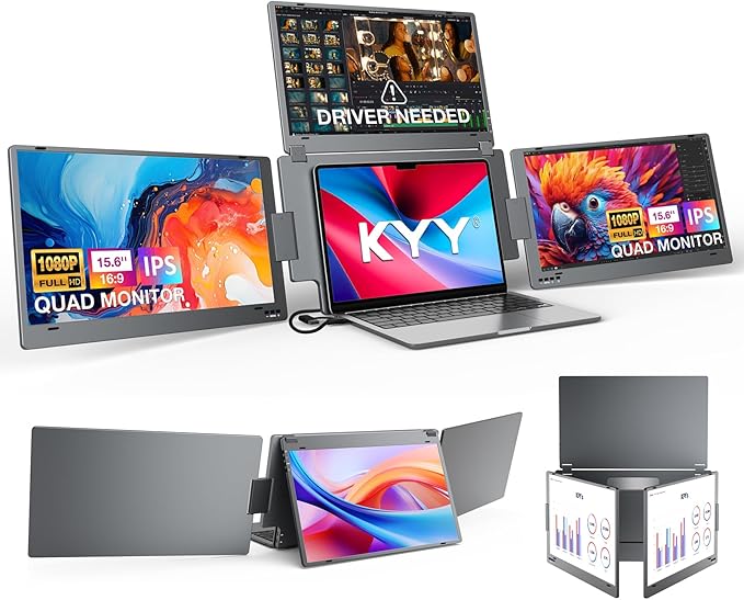 KYY Laptop Screen Extender for Laptop 15.6 Quad Portable Monitor 1080P Triple Screen Laptop Monitor Extender One Cable Connection Alloy Body Auto Rotation for 12–17.3” Laptops X90G