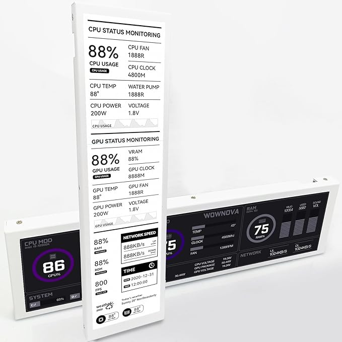 WOWNOVA 8.8 Computer Temp Monitor (Dynamic Theme Supported) 1 Click 1 Cable to Get Started Quickly PC Temperature Display Sensor Panel IPS Mini Secondary Screen CPU RAM HDD Data FPS Monitor (White)