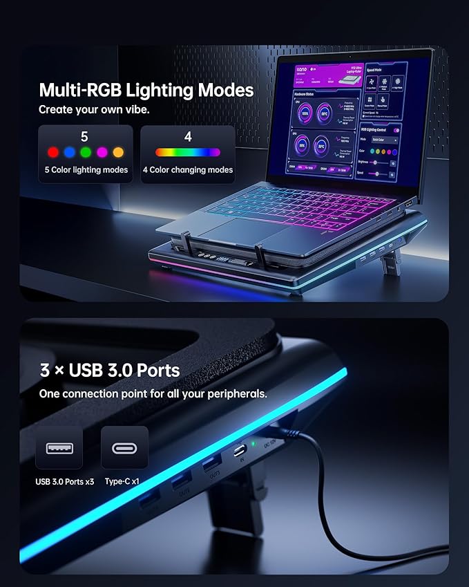 llano V12 Ultra Laptop Cooling Pad with Smart Software Control RGB Gaming Laptop Fan Cooler Stand 5.5 Turbo Fan Adjustable Speed 3-Port USB 3.0 Hub 3 Height Stands for 15.6-19 Laptops Black