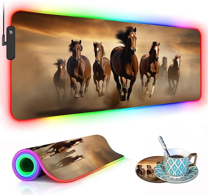 RGB Gaming Mouse Pad with Coffee Coaster XXL Large Glowing LED Mousepad Anti-Slip Rubber Base Computer Keyboard Desk Mouse Mat 31.5 X 11.8 Inch - Galloping Horse