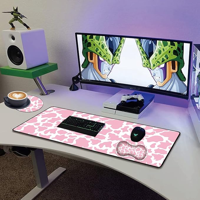XMTMR-Glass Extended Gaming Mouse Pad with Seam Long XL Desktop Keyboard Pad Suitable for Work/Game/Office/Home Butterfly Wrist Rest Pad and Coaster White and PinkCow Grain