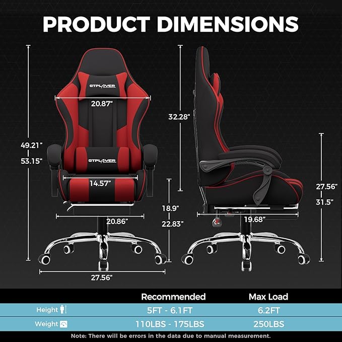 GTPLAYER Gaming Chair Computer Chair with Footrest and Lumbar Support Height Adjustable Game Chair with 360°-Swivel Seat and Headrest and for Office or Gaming (RED Fabric)