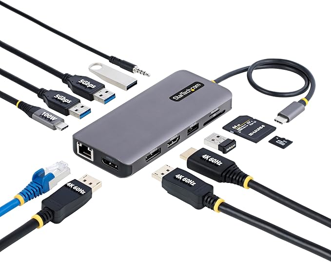 StarTech.com USB-C Docking Station for Windows and ChromeOS Triple 4K HDMI DP Video USB 10Gbps Hub 100W Laptop Charging GbE SD MicroSD