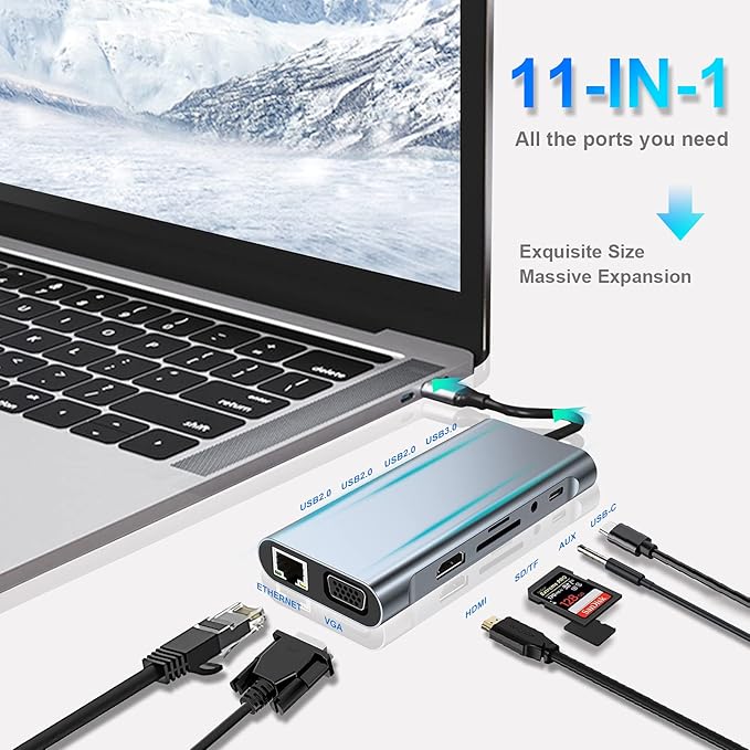 USB C HUB USB C Adapter 11 in 1 Dongle with 4K HDMI VGA Type C PD USB3.0 RJ45 Ethernet SD/TF Card Reader 3.5mm AUX Docking Station Compatible with MacBook Pro/Air Other Type C Laptops