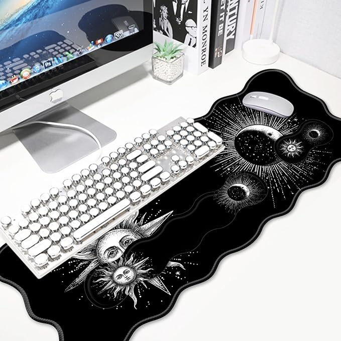 4 in 1 Desk Mat SetMouse Pad with Keyboard Wrist RestWave-Shaped DesignNon-Slip Rubber BaseWaterprooffor HomeOfficeGamingSun and Moon
