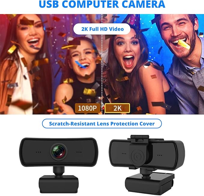 Yunseity Webcam with Microphone 1440P HD USB Computer Web Camera with 360° Rotation Auto Light Correction 2 Mics Streaming Webcam Plug &amp Play for Online Conferencing for Win for OS X