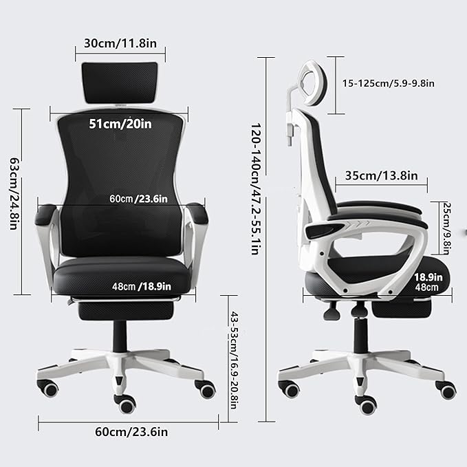 Ergonomic Office Gaming Chair with Mesh Swivel 145° Recline Adaptive Lumbar Support Rotating Headrest Height Adjustment White