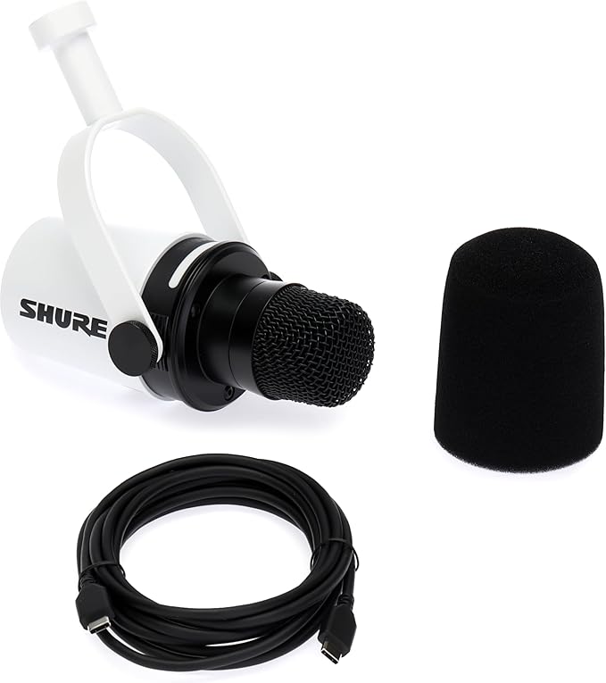 Shure MV7+ Hybrid Podcast Microphone with Mic Stand - White