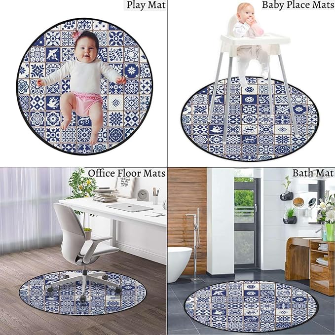 Grey Blue Round Carpet Trendy Area Rugs Non Slip Soft Floor Carpet for Indoor Bedroom Living Room Bathroom Kitchen Floor Mat Tiles in Modern Shades Artwork Print Diameter 51 in