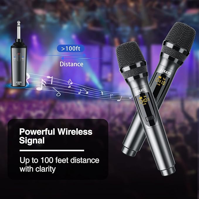 LEKATO Wireless Microphone Rechargeable Wireless Microphones with Receiver Dual Handheld Microphone System Dynamic MIC for Singing Speech Wedding ChurchSpeaker PA System(K380S)