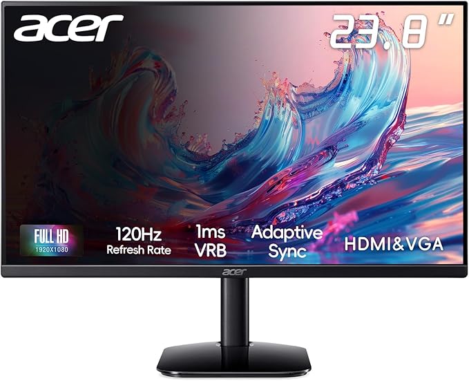 acer 23.8 FHD Office Monitor 120Hz Adjustable Tilt AMD FreeSync 1ms (VRB) Wall Mountable IPS ZeroFrame Design HDMI &amp VGA - Black