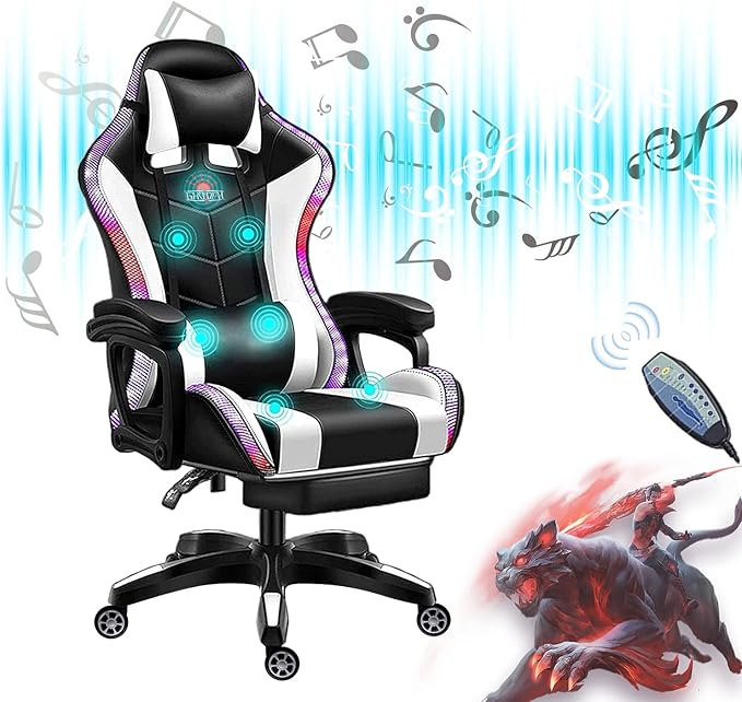 Gaming Chair for Adult with Footrest and Massage Video Game Chair with Speakers and RGB LED Lights PU Leather Ergonomic Racing Computer Chairs with Lumbar Support and ArmrestWhite
