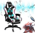 Gaming Chair for Adult with Footrest and Massage Video Game Chair with Speakers and RGB LED Lights PU Leather Ergonomic Racing Computer Chairs with Lumbar Support and ArmrestWhite