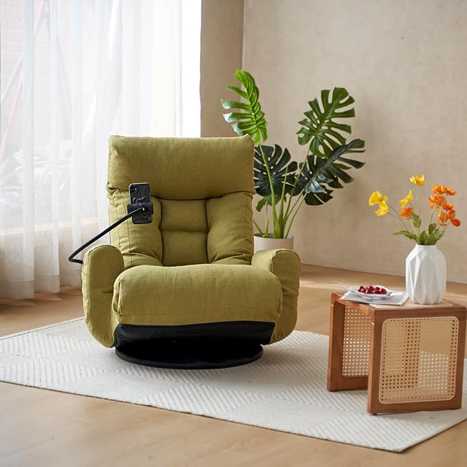 Yoglad Japanese Style Chaise Lounge Sofa with Phone Holder 360-Degree Swivel Chair Floor Gaming Chair Lazy Sofa for Reading Game Meditating 3 Adjustable Positions (Linen Lime Green)