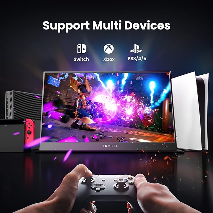 HONGO Portable Monitor 15.6'' 1080P FHD USB-C Portable Laptop Monitors Smart Cover &amp Dual Speaker HDMI Computer Display IPS HDR External Gaming Monitor for PC Phone Mac Xbox PS4 Switch