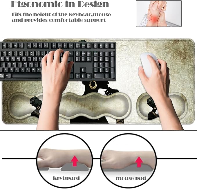 Ergonomic Keyboard Wrist Rest &amp Mouse Pad Wrist Rest SetXL Gaming Desk Mat 31.5x 11.8Non-Slip BaseMemory FoamEasy Typing Pain Relief for Office &amp HomeAfrican Woman Silhouette
