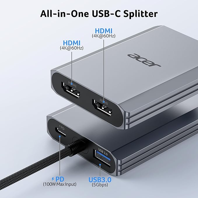 Acer USB C to Dual HDMI Adapter 4K@60Hz 4-in-1 HDMI Splitter for Dual Monitors with 100W PD USB 3.0 Docking Station Dual Monitor Compatible with Acer MacBook Air/Pro Dell XPS HP etc