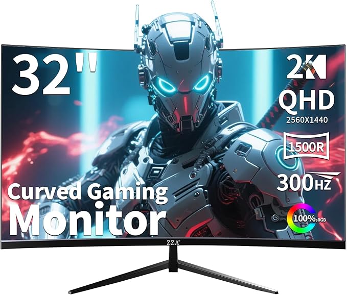ZZA 32 Inch Curved Gaming Monitor QHD 2560x1440 Ultra 300Hz &amp 240Hz Refresh Rate Computer Monitor VA Panel1500R 1ms HDR AMD FreeSync Premium NVIDIA G-SYNC Compatible