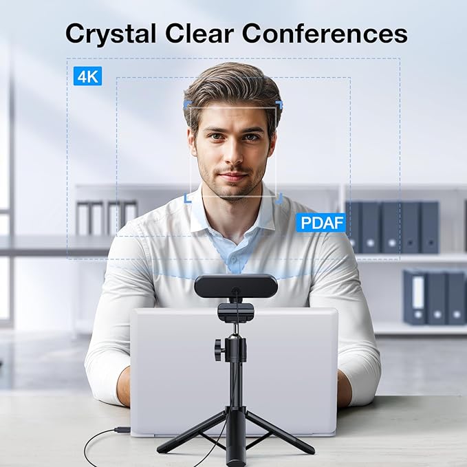 EMEET NOVA 4K Webcam with Tripod - 4K UHD PDAF Autofocus Adjustable Heights with 360° Swivel Head 2 Noise-Cancelling Mics USB Plug&ampPlay Privacy Cover Ideal for Online Meetings&ampLive Strea