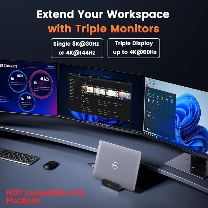 TobenONE 18-in-1 Triple 4K@60Hz Monitor Docking Station with 150W Power Supply USB C Laptop Docking Station Stand(Single 4K@144Hz) 2.5Gbps Ethernet 2 HDMI &amp DP 8 USB for Windows&ampChromeOS